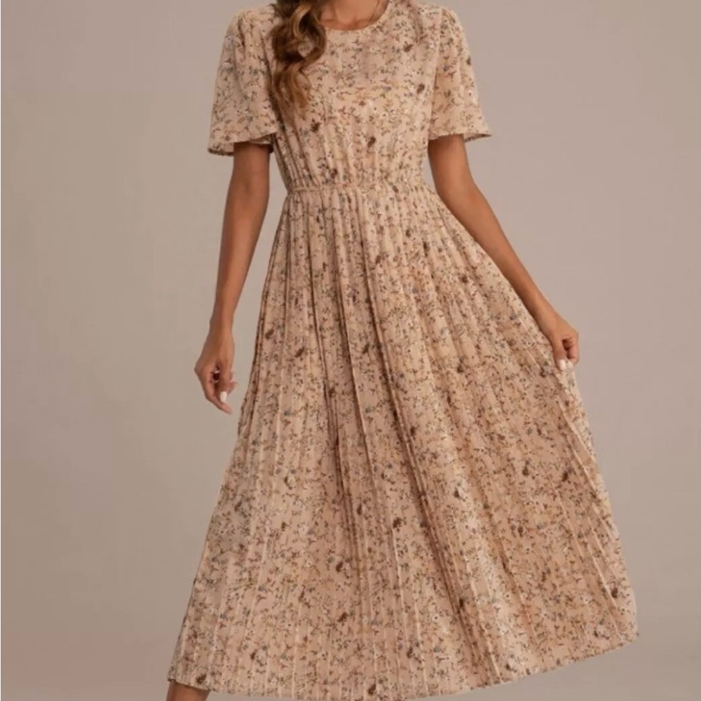 Petal Lush Beige Floral Short Sleeve Round Neck Folds Midi Dress Size Large